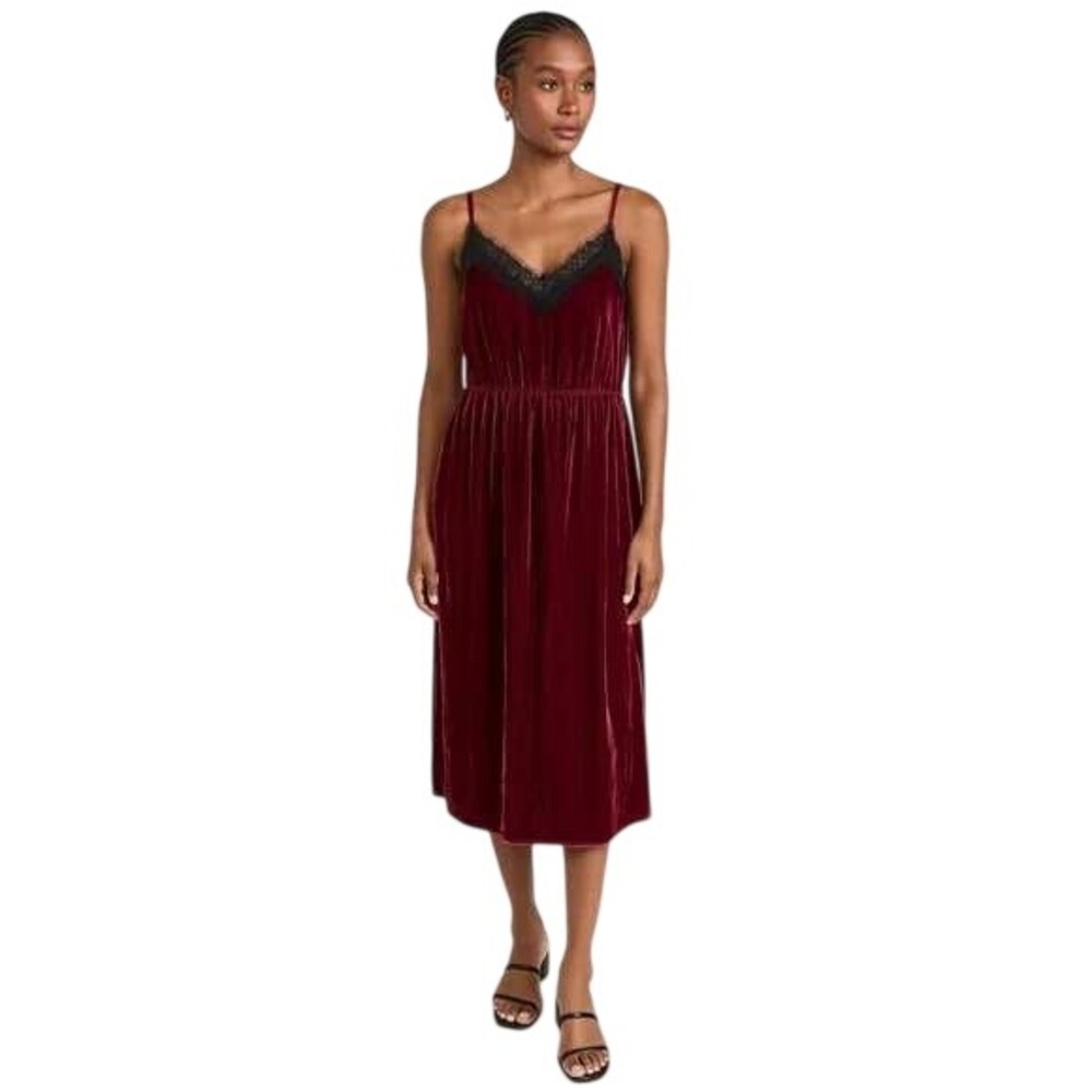 Sundance Norma Lace Trim Velvet Midi Dress Maroon‎ L